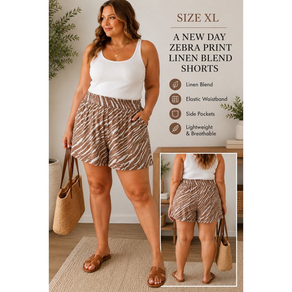 A New Day XL Zebra Print Linen Blend Pull On Shorts Brown Cream Pockets